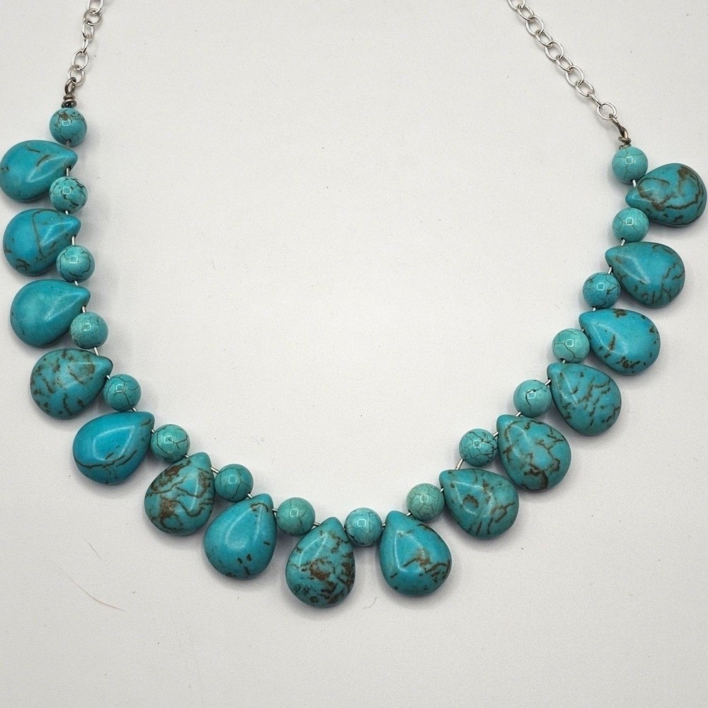 Vintage Blue Stone Statement Necklace‎ Silver Tone 17 Inch Teardrop Bead